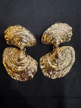 Gold Textured Double Shell Drop Earrings - Women Jewelry